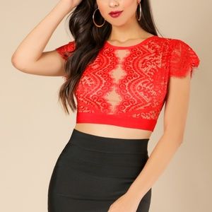 Red and Nude Lace Contrast Crop Top